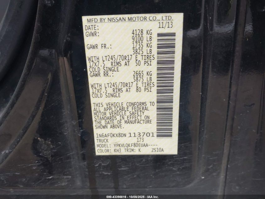 2013 Nissan Nv Cargo Nv2500 Hd S V8 VIN: 1N6AF0KX8DN113701 Lot: 43398816