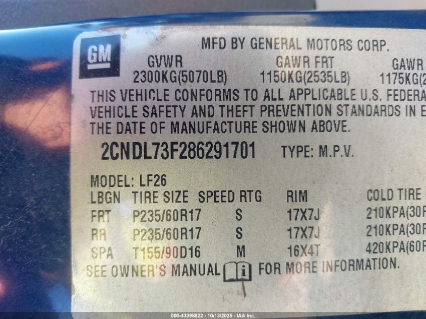 2008 Chevrolet Equinox Ltz VIN: 2CNDL73F286291701 Lot: 43398822