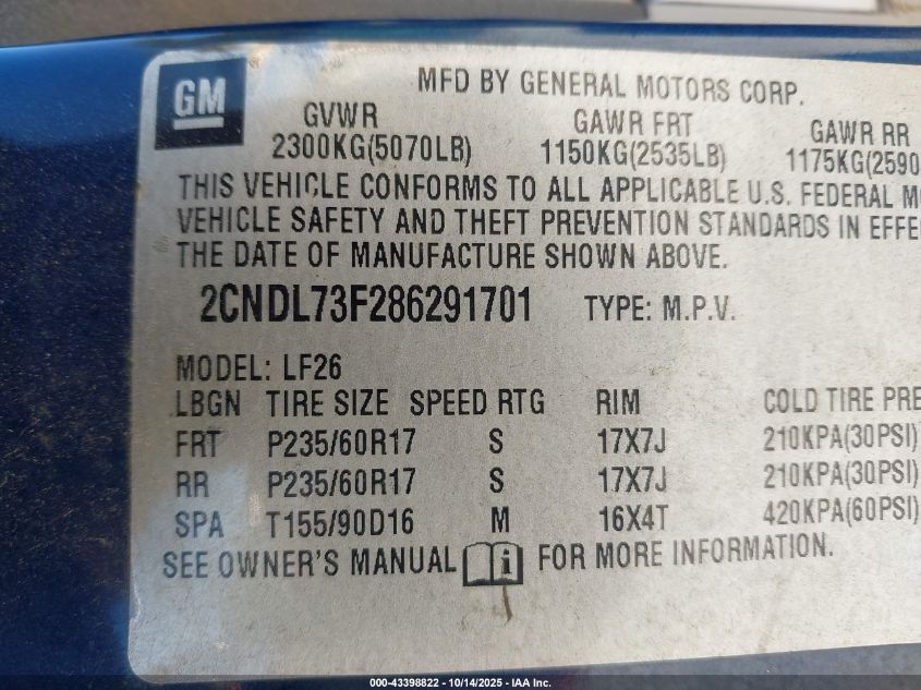 2008 Chevrolet Equinox Ltz VIN: 2CNDL73F286291701 Lot: 43398822