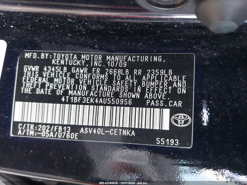 2010 Toyota Camry Le VIN: 4T1BF3EK4AU550956 Lot: 43398836