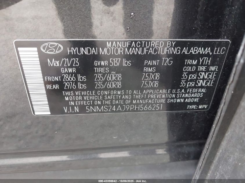 2023 Hyundai Santa Fe Sel VIN: 5NMS24AJ9PH566251 Lot: 43398842