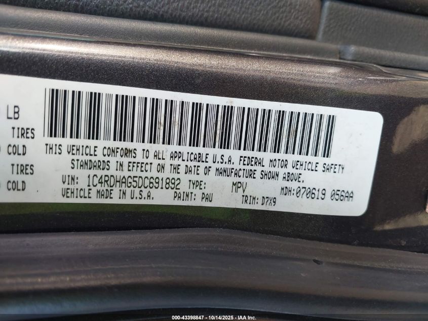 2013 Dodge Durango Sxt VIN: 1C4RDHAG5DC691892 Lot: 43398847