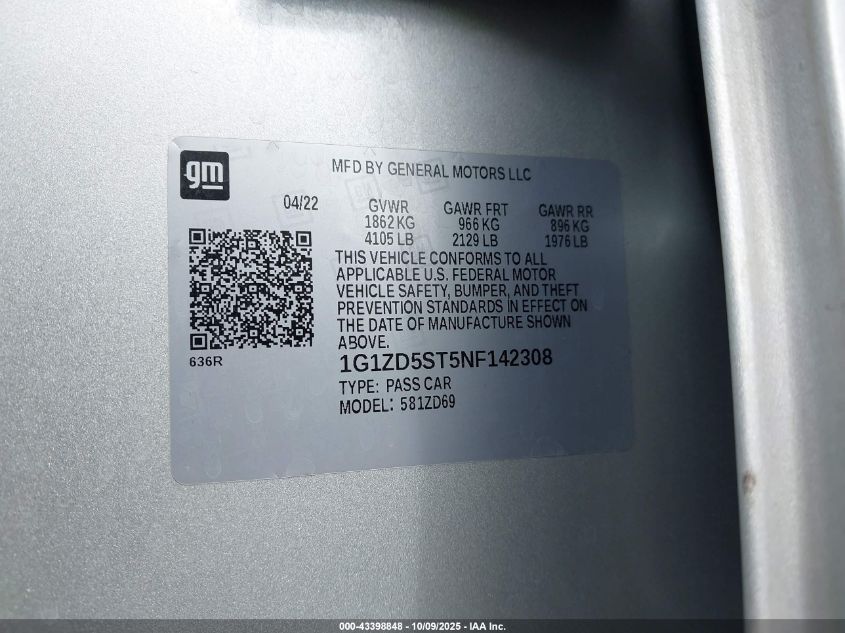 2022 Chevrolet Malibu Fwd Lt VIN: 1G1ZD5ST5NF142308 Lot: 43398848