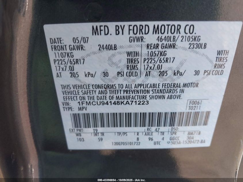 2008 Ford Escape Limited VIN: 1FMCU94148KA71223 Lot: 43398854