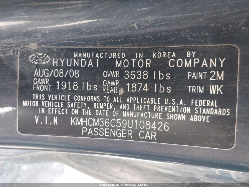 2009 Hyundai Accent Gs VIN: KMHCM36C59U108426 Lot: 43398858