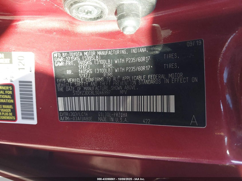 5TDYZ3DC8LS046997 2020 TOYOTA SIENNA photo no. 9