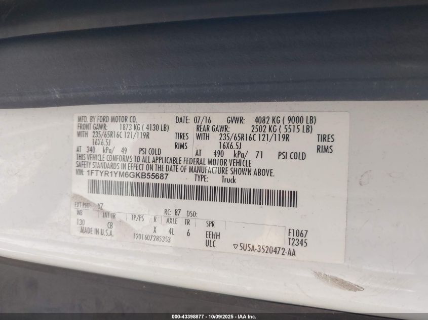 2016 Ford Transit-250 VIN: 1FTYR1YM6GKB55687 Lot: 43398877