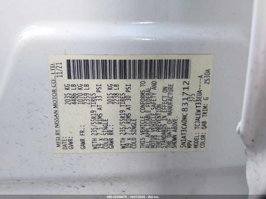 2021 Nissan Rogue Sl Fwd VIN: 5N1AT3CA0MC831712 Lot: 43398879