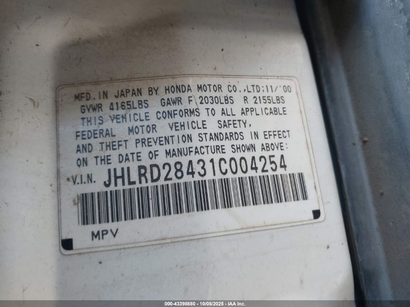 2001 Honda Cr-V Lx VIN: JHLRD28431C004254 Lot: 43398880