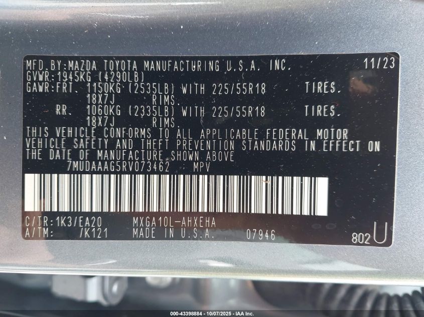 2024 Toyota Corolla Cross Xle VIN: 7MUDAAAG5RV073462 Lot: 43398884