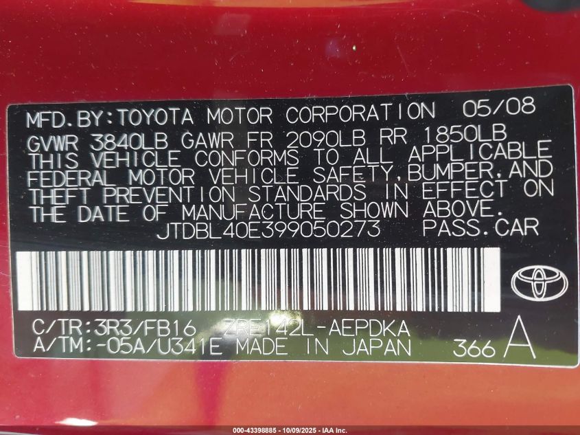 2009 Toyota Corolla Le VIN: JTDBL40E399050273 Lot: 43398885