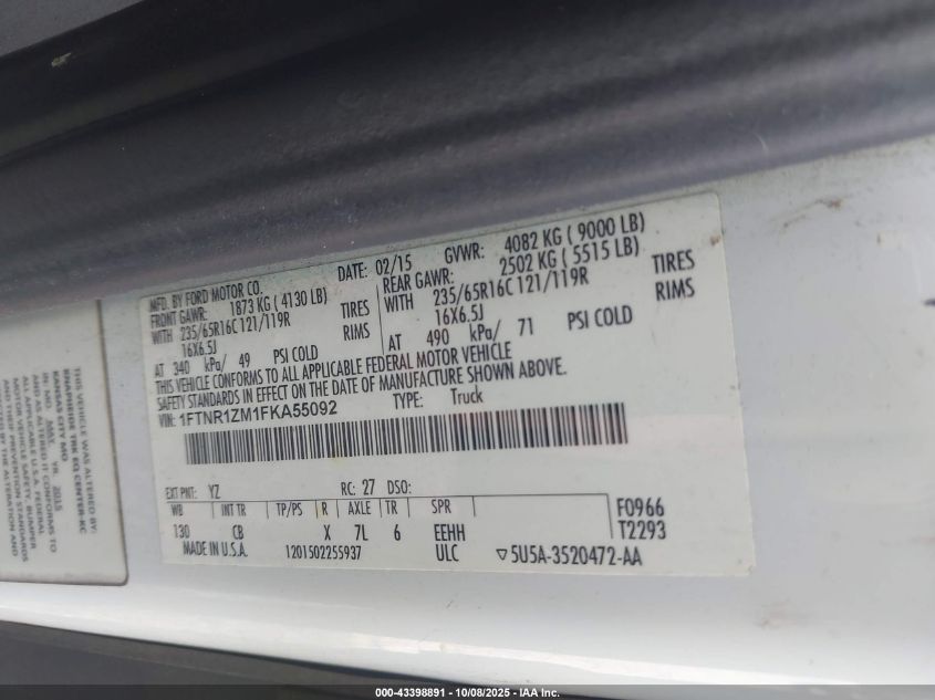 2015 Ford Transit-250 VIN: 1FTNR1ZM1FKA55092 Lot: 43398891