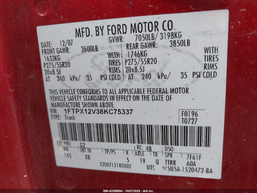 2008 Ford F-150 Fx2/Lariat/Xl/Xlt VIN: 1FTPX12V38KC75337 Lot: 43398894