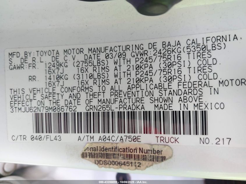 2009 Toyota Tacoma Prerunner V6 VIN: 3TMJU62N79M086762 Lot: 43398899