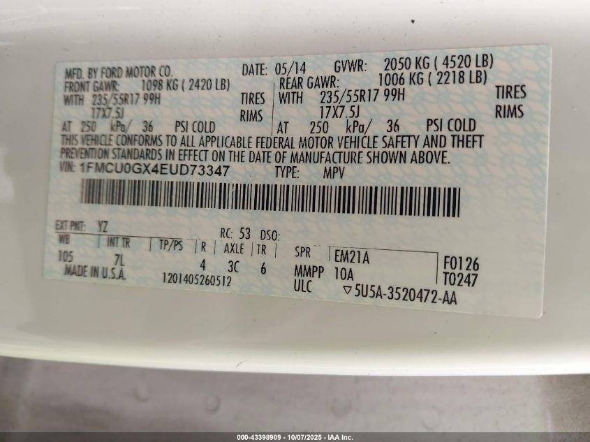 2014 Ford Escape Se VIN: 1FMCU0GX4EUD73347 Lot: 43398909