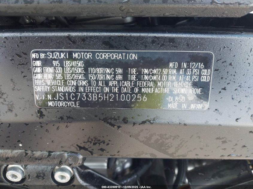 2017 Suzuki Dl650 A/X VIN: JS1C733B5H2100256 Lot: 43398910