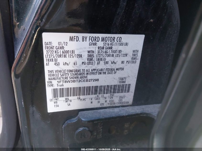 2012 Ford F-350 Lariat VIN: 1FT8W3BT2CEB27298 Lot: 43398911