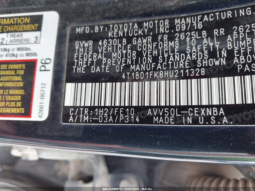 2017 Toyota Camry Hybrid Le VIN: 4T1BD1FK8HU211328 Lot: 43398913