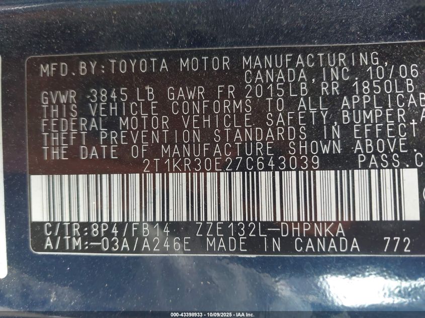 2007 Toyota Matrix Xr VIN: 2T1KR30E27C643039 Lot: 43398933