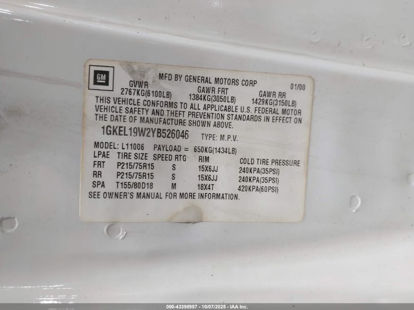 2000 GMC Safari Sl VIN: 1GKEL19W2YB526046 Lot: 43398957