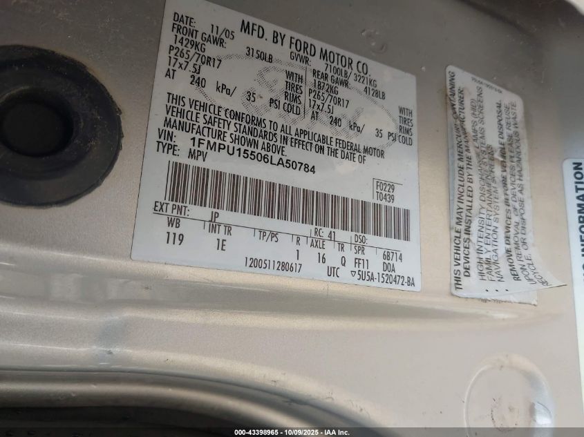 2006 Ford Expedition Xlt/Xlt Sport VIN: 1FMPU15506LA50784 Lot: 43398965