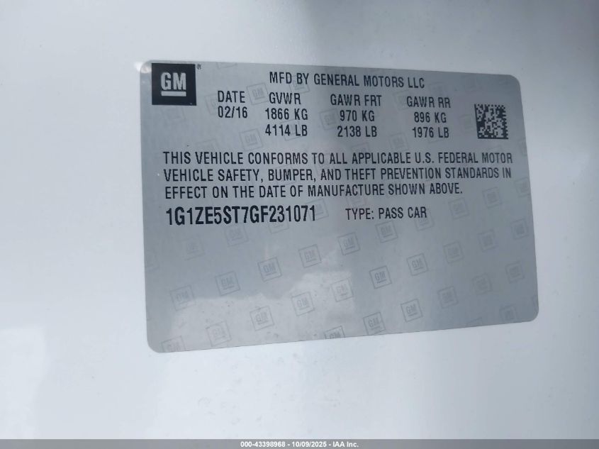 2016 Chevrolet Malibu 1Lt VIN: 1G1ZE5ST7GF231071 Lot: 43398968