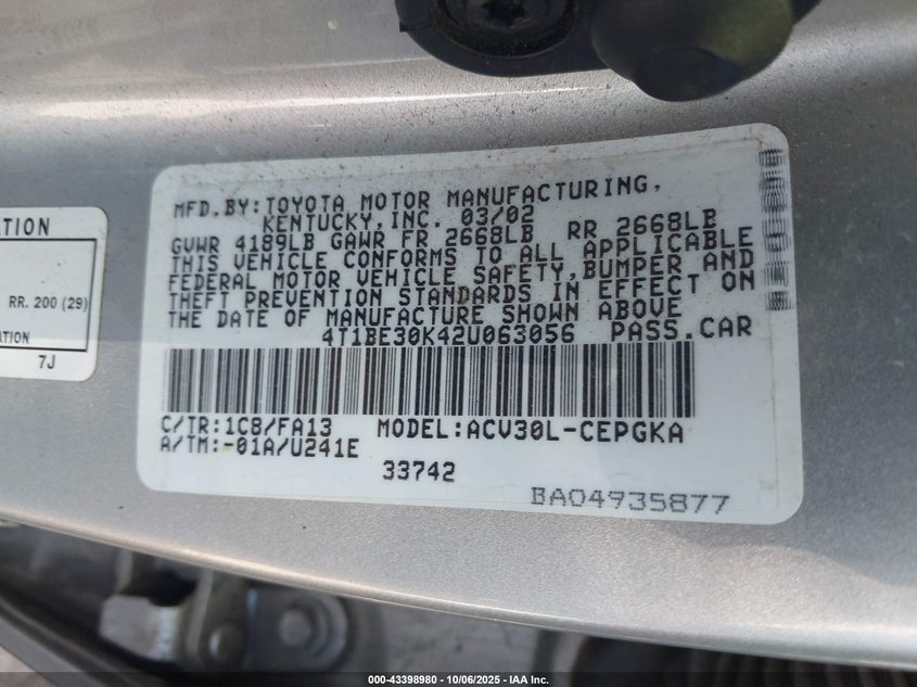 2002 Toyota Camry Xle VIN: 4T1BE30K42U063056 Lot: 43398980