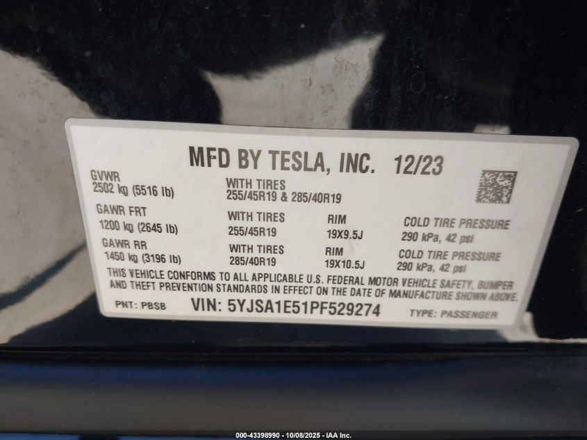 2023 Tesla Model S Dual Motor All-Wheel Drive/Standard Range VIN: 5YJSA1E51PF529274 Lot: 43398990