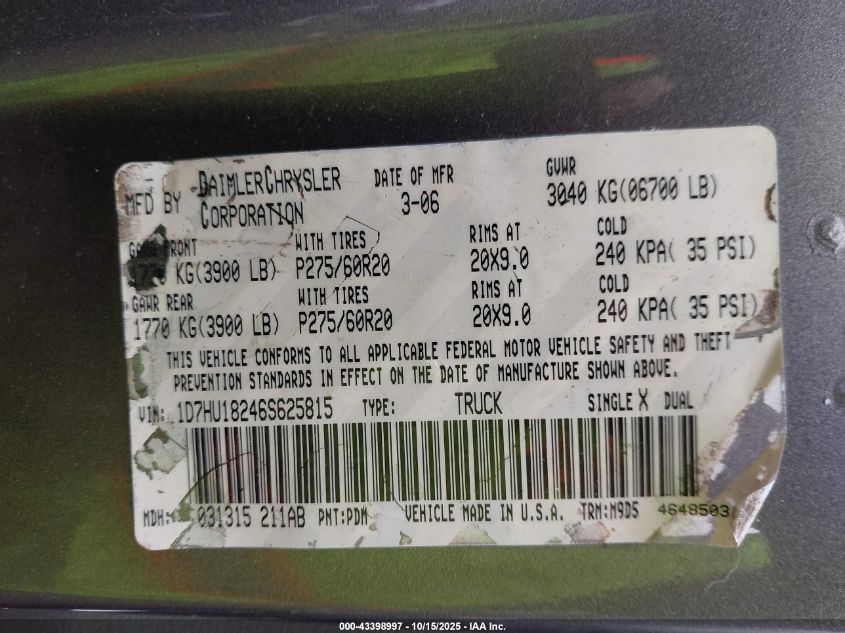 2006 Dodge Ram 1500 Slt/Trx4 Off Road/Sport VIN: 1D7HU18246S625815 Lot: 43398997