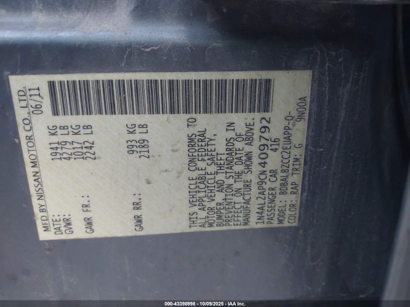 2012 Nissan Altima 2.5 S VIN: 1N4AL2AP9CN409792 Lot: 43398998