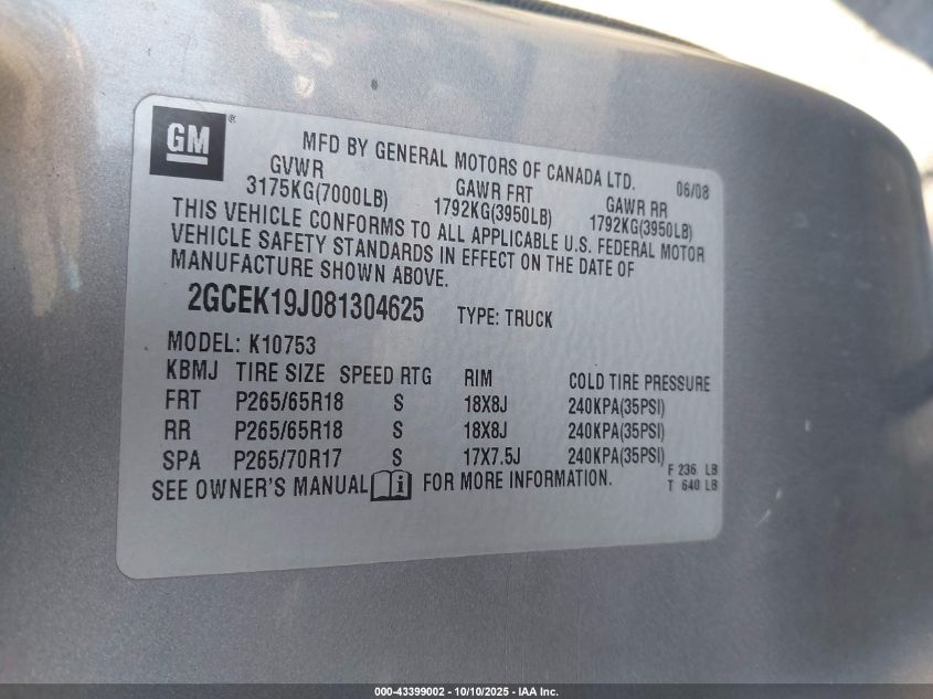 2008 Chevrolet Silverado 1500 Lt1 VIN: 2GCEK19J081304625 Lot: 43399002