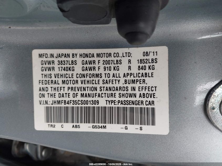 2012 Honda Civic Hybrid VIN: JHMFB4F35CS001309 Lot: 43399006