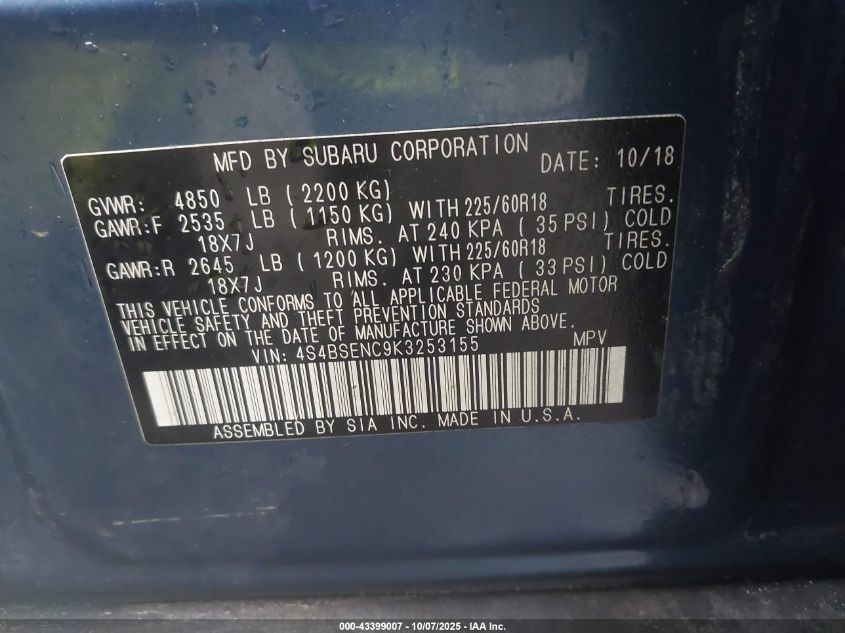2019 Subaru Outback 3.6R Limited VIN: 4S4BSENC9K3253155 Lot: 43399007