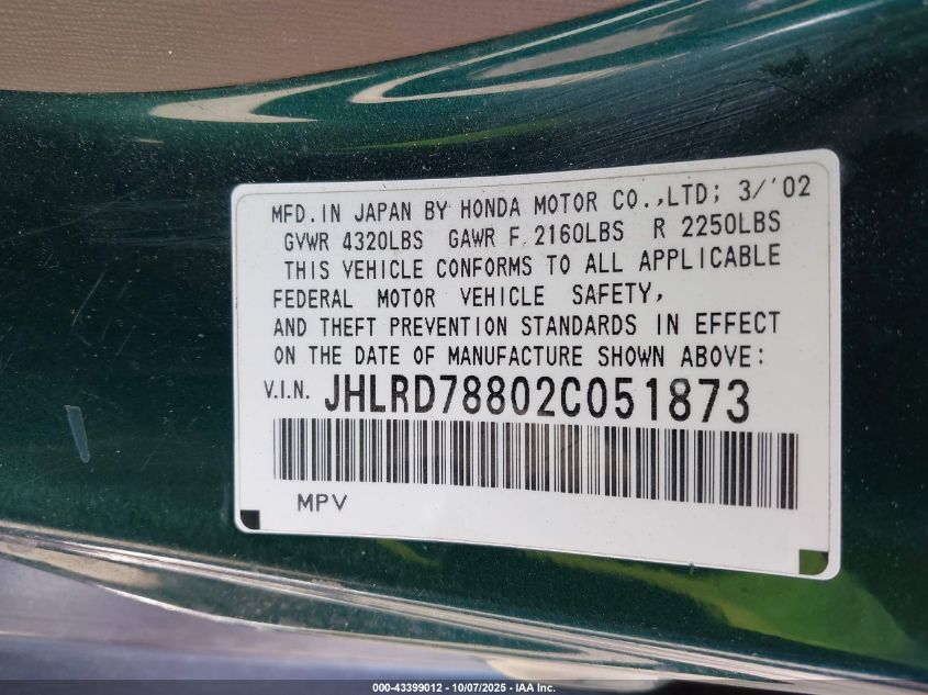 2002 Honda Cr-V Ex VIN: JHLRD78802C051873 Lot: 43399012
