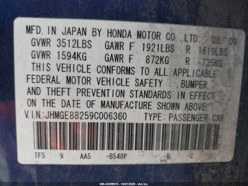 2009 Honda Fit VIN: JHMGE88259C006360 Lot: 43399015