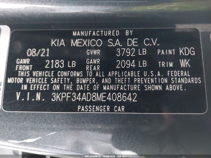 2021 Kia Forte Gt-Line VIN: 3KPF34AD8ME408642 Lot: 43399018