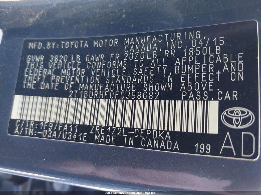 2015 Toyota Corolla L VIN: 2T1BURHE0FC398682 Lot: 43399022