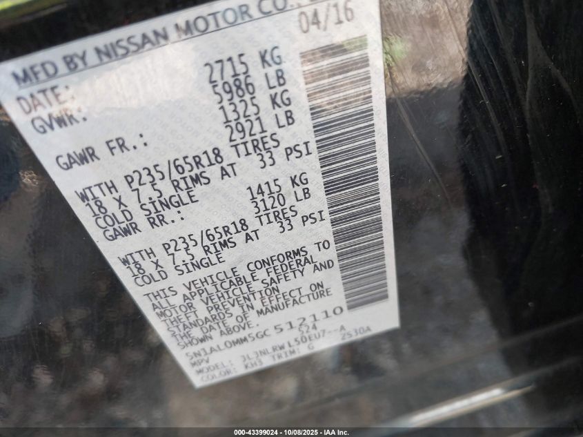 2016 Infiniti Qx60 VIN: 5N1AL0MM5GC512110 Lot: 43399024