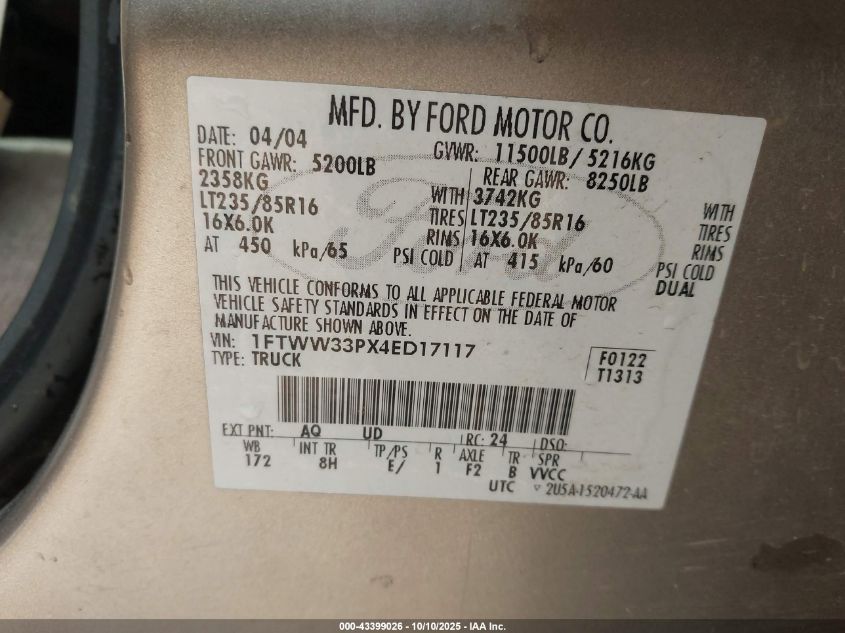 2004 Ford F-350 Lariat/Xl/Xlt VIN: 1FTWW33PX4ED17117 Lot: 43399026