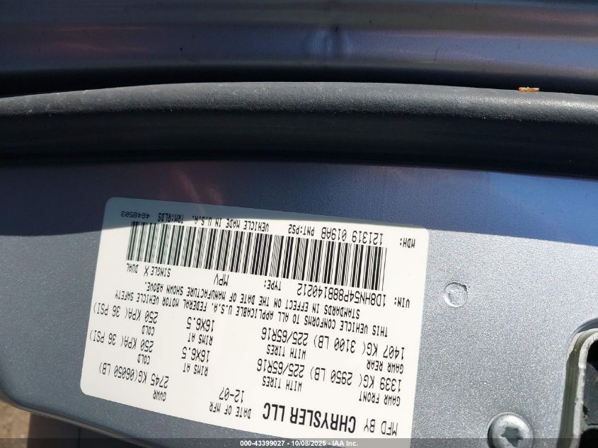 2008 Dodge Grand Caravan Sxt VIN: 1D8HN54P88B140212 Lot: 43399027