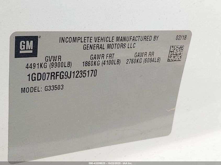 2018 GMC Savana Cutaway Work Van VIN: 1GD07RFG9J1235170 Lot: 43399029