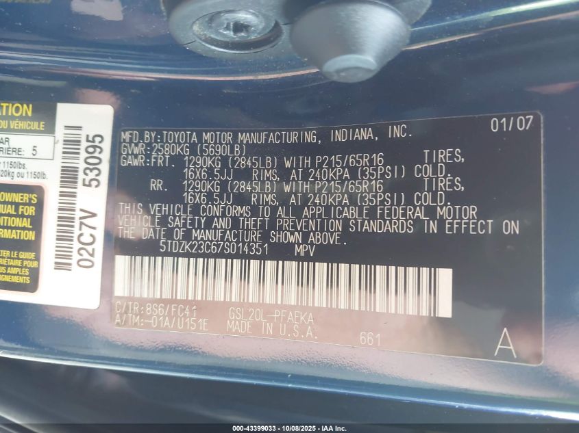 2007 Toyota Sienna Le VIN: 5TDZK23C67S014351 Lot: 43399033