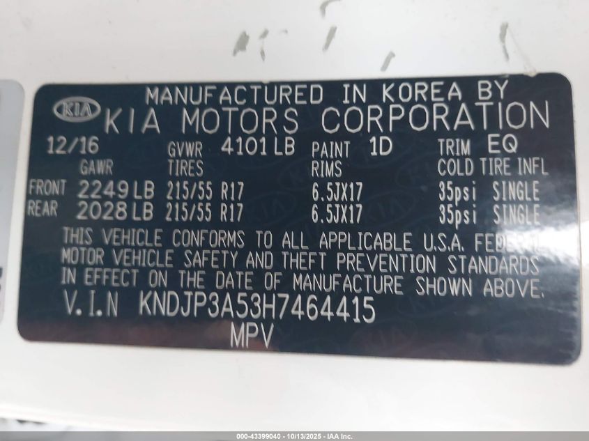 2017 Kia Soul + VIN: KNDJP3A53H7464415 Lot: 43399040
