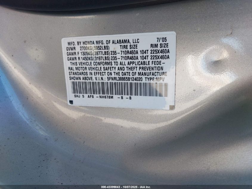 2005 Honda Odyssey Touring VIN: 5FNRL38865B124020 Lot: 43399043