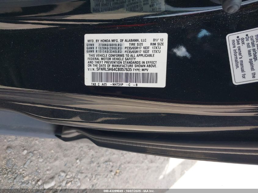2012 Honda Odyssey Ex-L VIN: 5FNRL5H64CB057635 Lot: 43399049