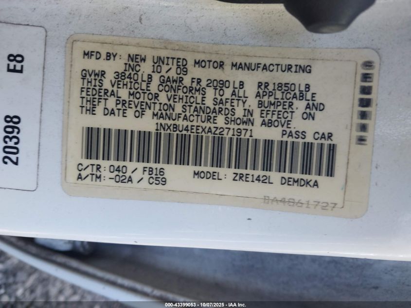 2010 Toyota Corolla VIN: 1NXBU4EEXAZ271971 Lot: 43399053