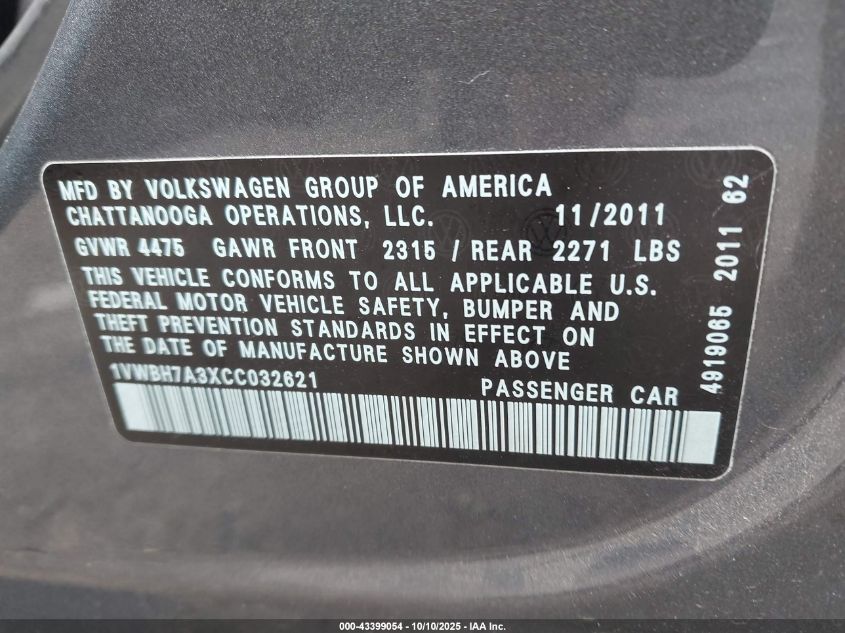 2012 Volkswagen Passat 2.5L Se VIN: 1VWBH7A3XCC032621 Lot: 43399054