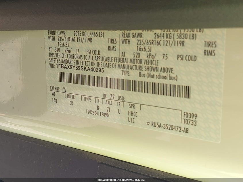2025 FORD TRANSIT-350 PASSENGER VAN XLT 1FBAX9Y89SKA40295