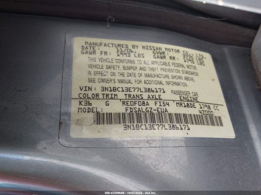 2007 Nissan Versa 1.8Sl VIN: 3N1BC13E77L386171 Lot: 43399066