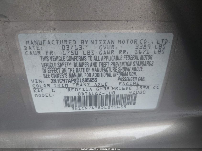 2013 Nissan Versa 1.6 Sl VIN: 3N1CN7AP8DL895655 Lot: 43399075